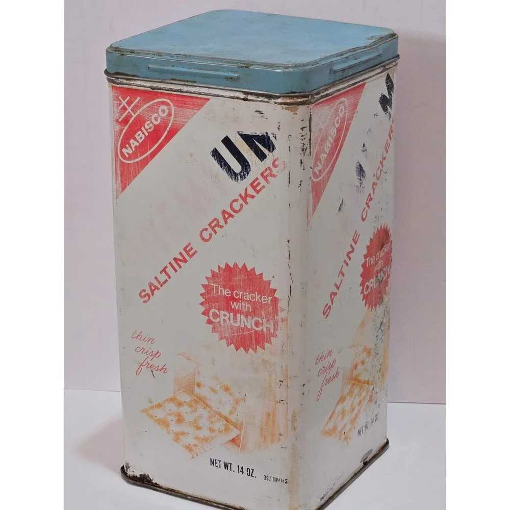 Vintage Nabisco Premium Saltine Crackers Tin Blue Lid 14oz‎ Metal Advertising